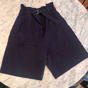 Navy High-Waist Belted Paperbag Shorts